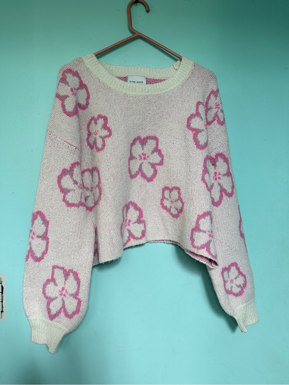 Pink Rose Cream Sweater with Pink Floral Motif